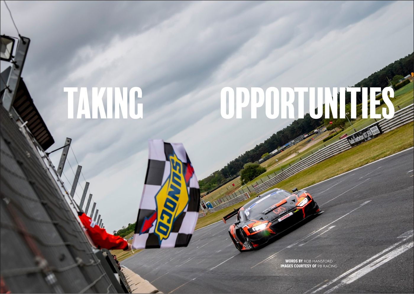 The PB Racing Audi R8 takes the chequered flag, from the opening spread of the feature